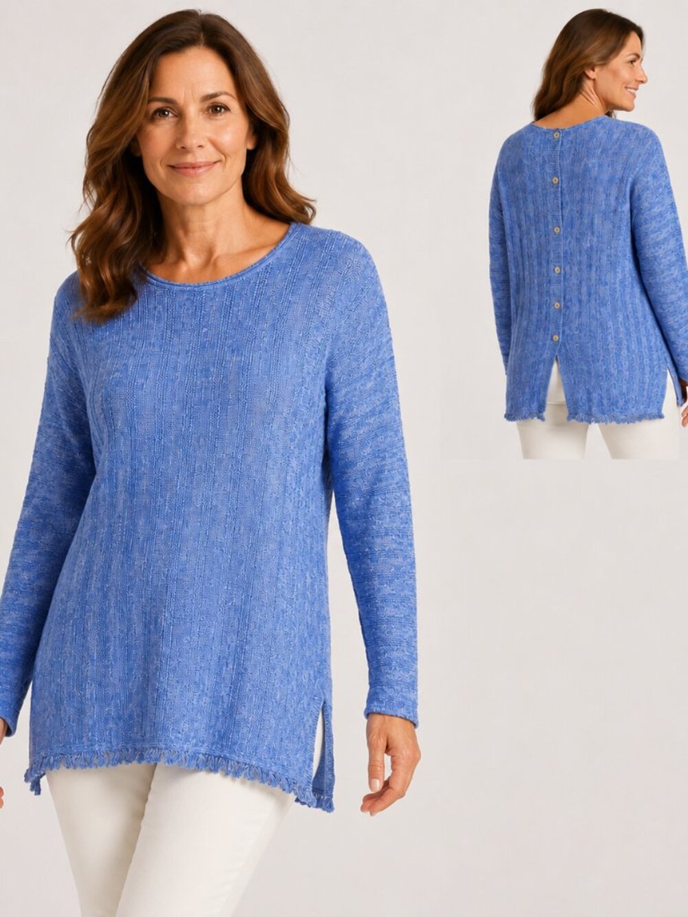 J. Jill Azure Blue Marled Tunic Sweater M Fringe Hem Button Back Boho